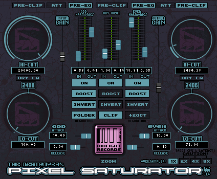 Full screenshot of The Destroyer's Pixel Saturator VST interface with drive, filters, channels, oversampling and clipping controls